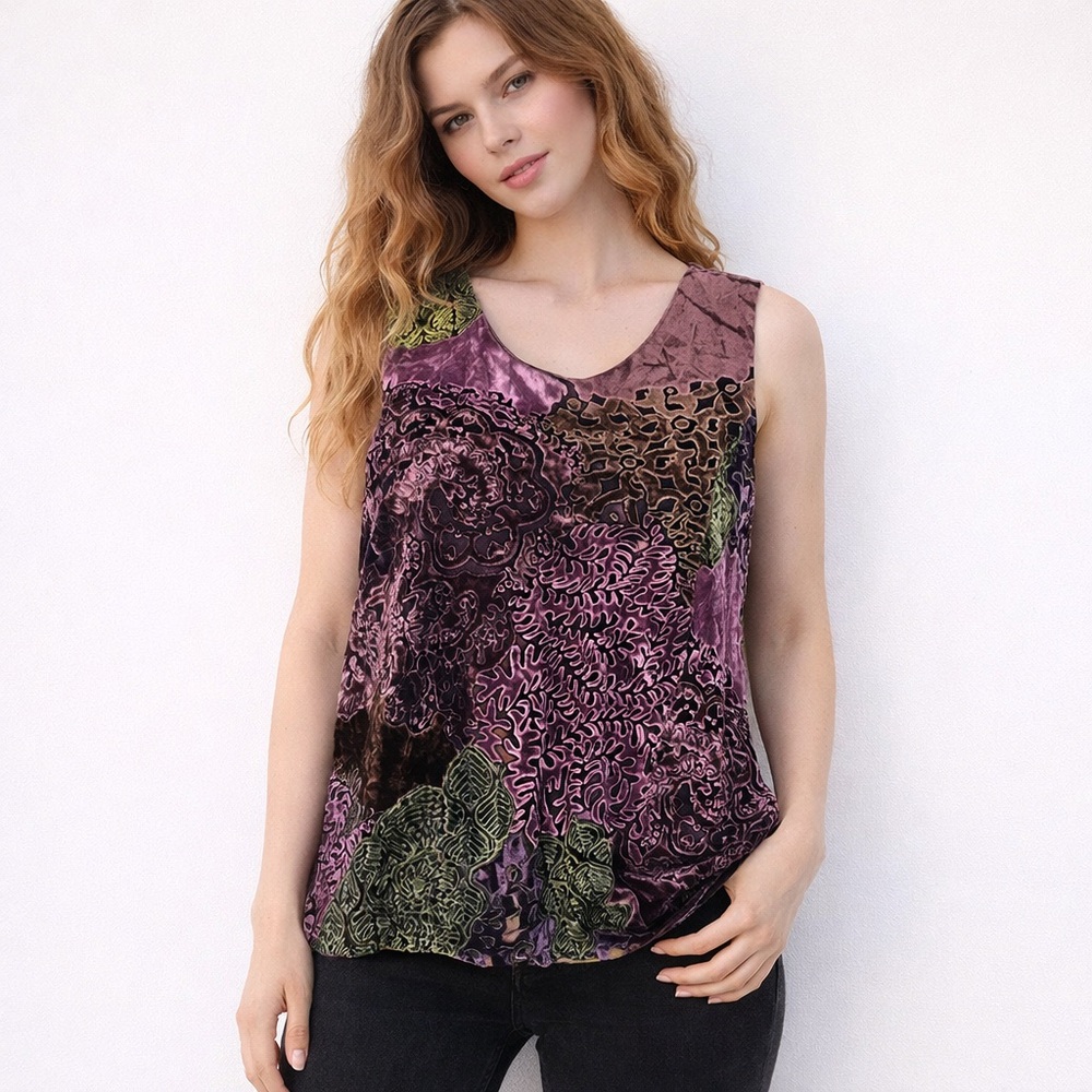 Purple Green Velvet Burnout Silk Blend Whimsical Y2K Top Sz-S Indie Sleaze